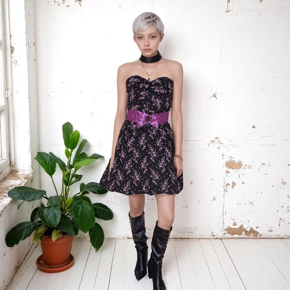Vintage 90s Strapless Mini Dress | Black Lace & Purple Satin | Gothic Glam Small